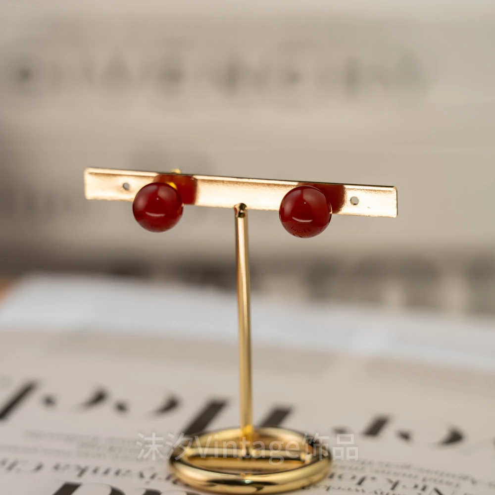 铜合金耳饰 天生天养红色瑙瑙耳钉