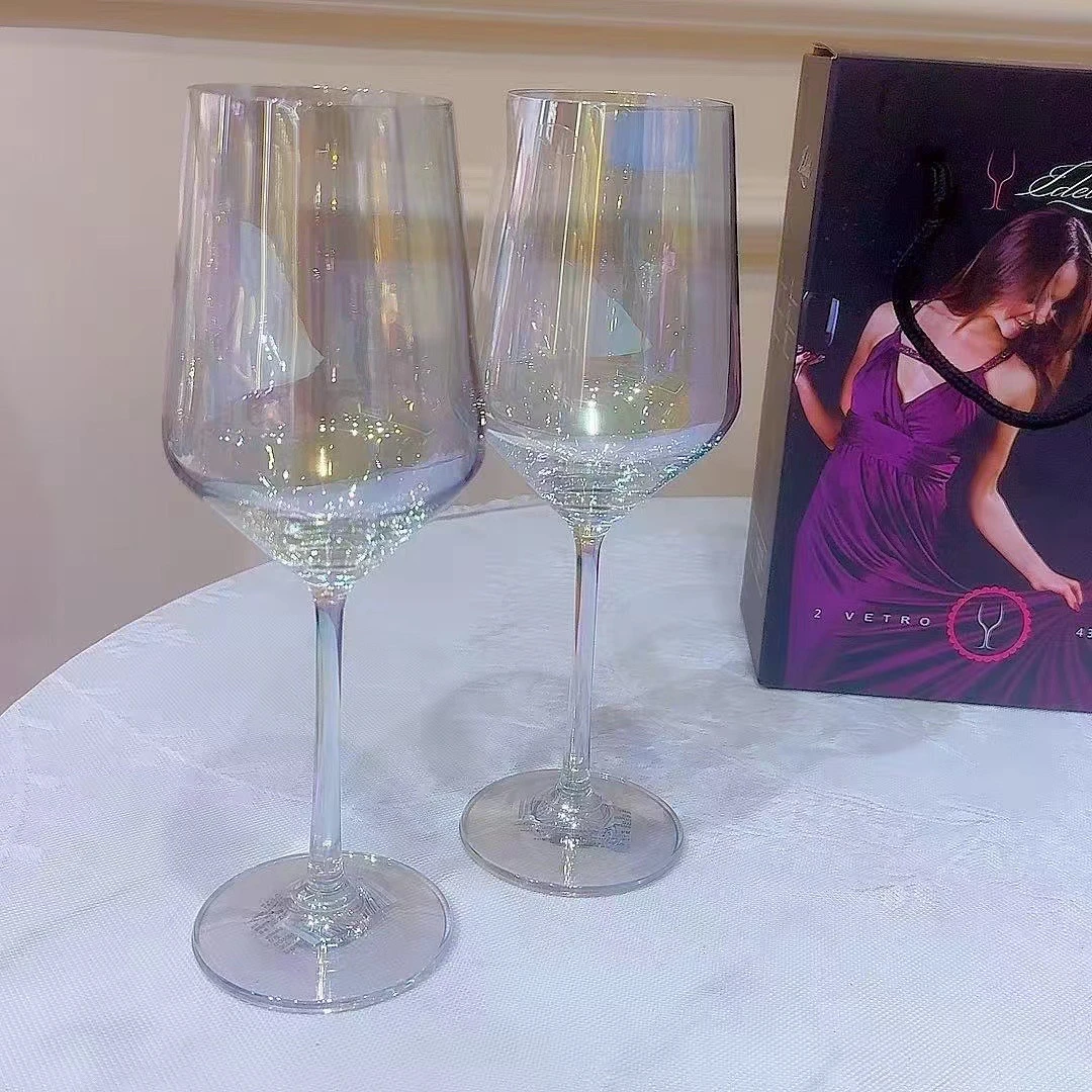 2个七彩高脚创意复古玻璃杯红杯炫彩香槟杯家用酒红欧式网红酒杯