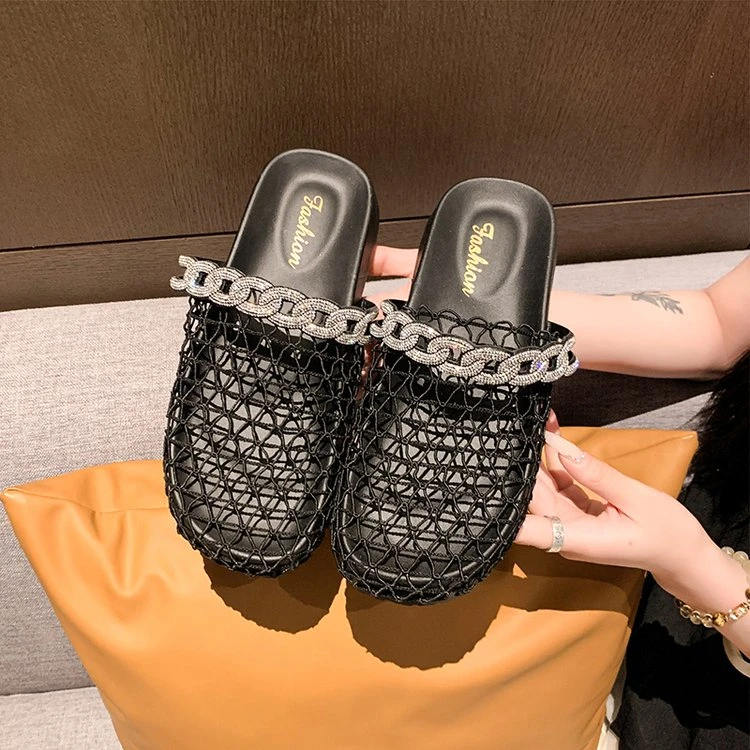 水钻渔网包头厚底半拖鞋女2025夏季新款轻便透气软底外穿休闲凉拖
