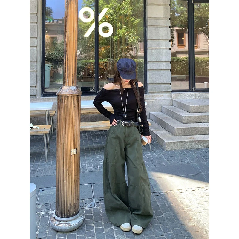 美式辣妹穿搭设计感休闲百搭黑色长袖一字肩上衣高腰复古阔腿裤女