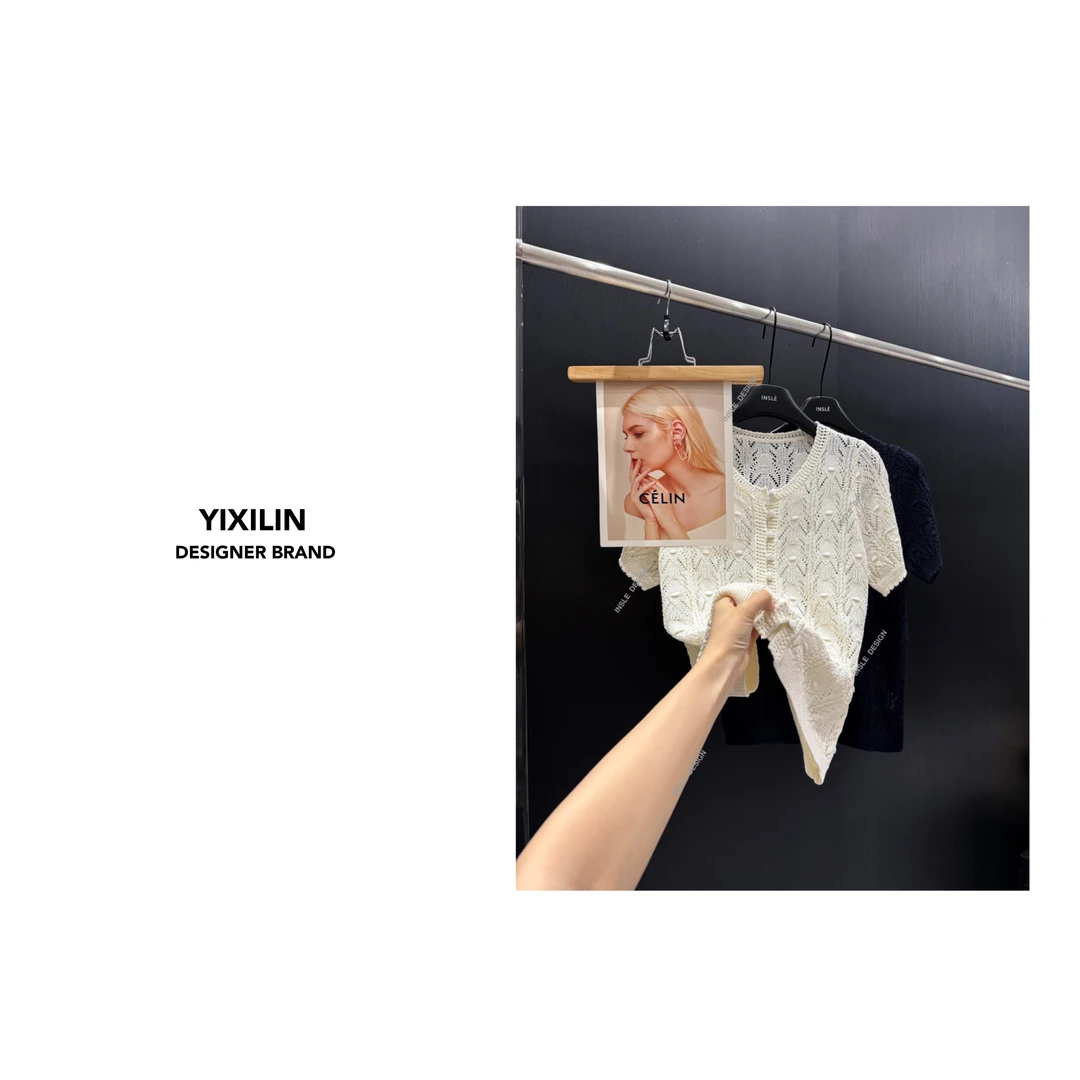YIXILIN “静奢和纸短袖”重工针织镂空上衣女