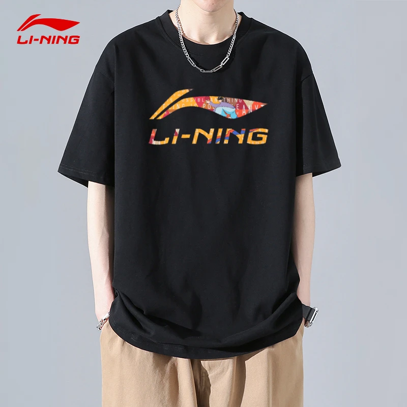 李宁男款短袖2025夏季黑色纯棉潮流圆领半袖印花透气简约运动T恤