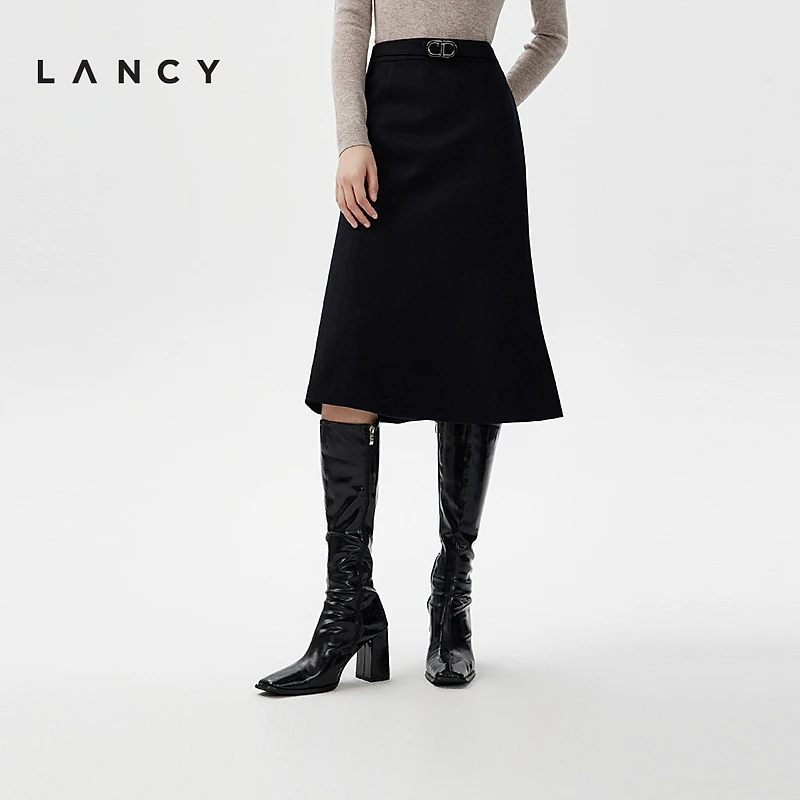 LANCY/朗姿秋冬新款黑色中长款羊毛半身裙高腰鱼尾裙法式优雅