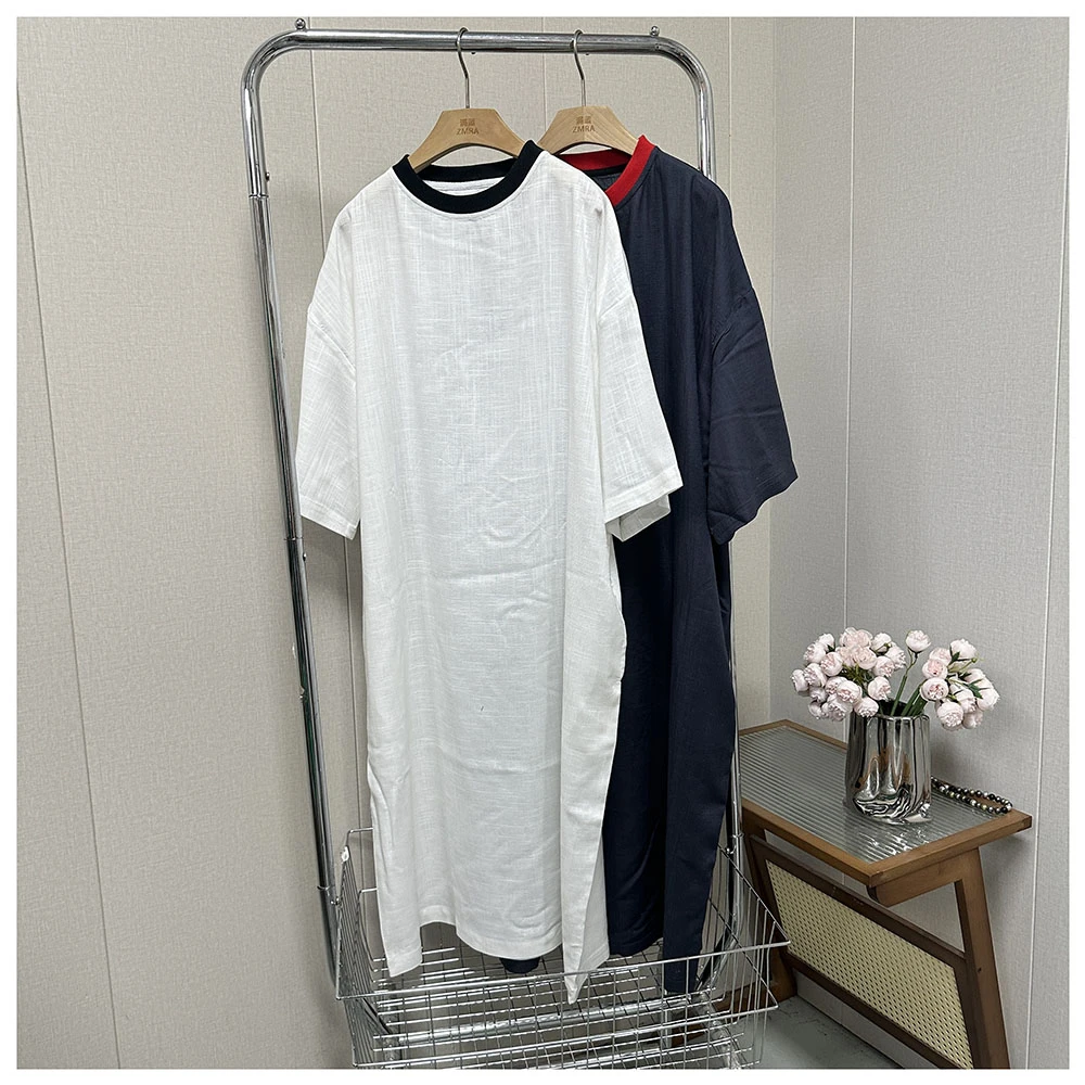 2Q024 夏季新款宽松中长款圆领短袖连衣裙女