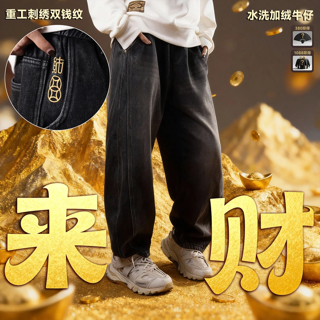 【来财】-国风重工刺绣水洗宽松直筒加绒牛仔裤