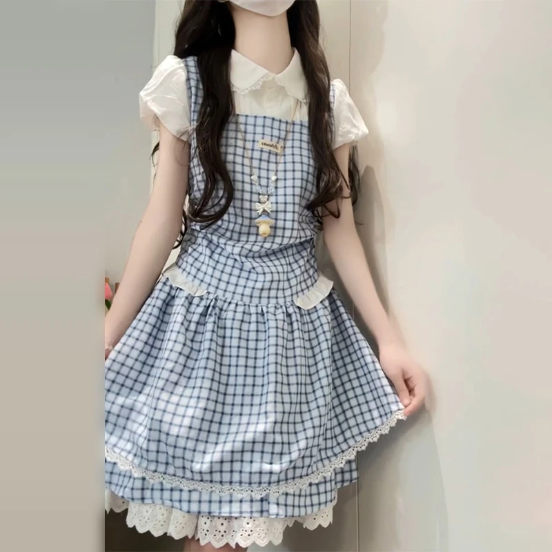 2025新款甜美温柔假两件格子连衣裙子女夏季气质收腰蓝色蓬蓬短裙