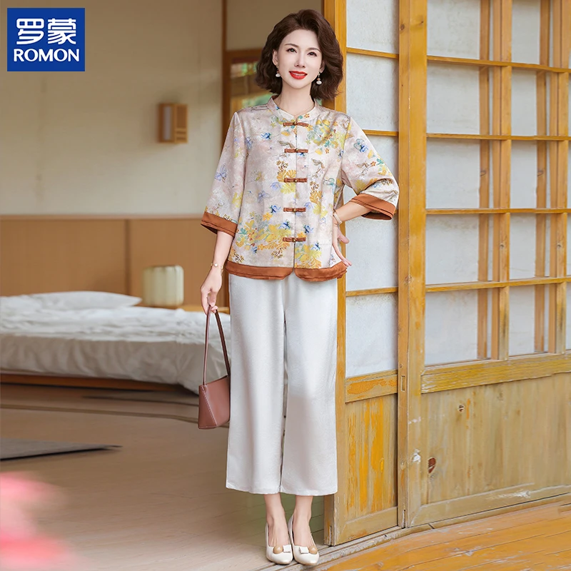 罗蒙妈妈装夏季高档套装母亲节服装中年时尚上衣中老年国风两件套