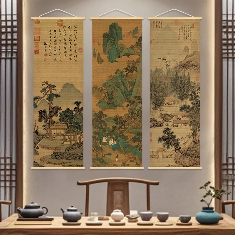 中式复古国风竹帘挂画书房茶室山水背景墙装饰画客厅玄关入户壁画