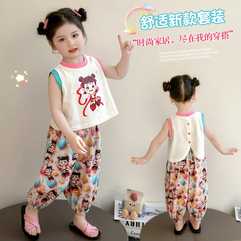 女小童薄款套装夏季2025新款女宝宝哪吒背心夏装小女孩运动两件套