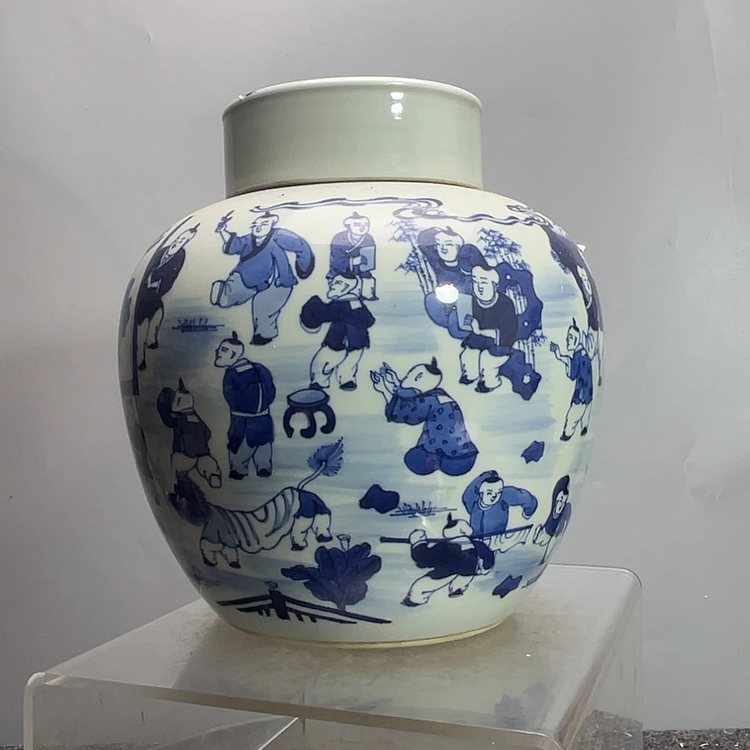 陶青花人物百孑图盖罐