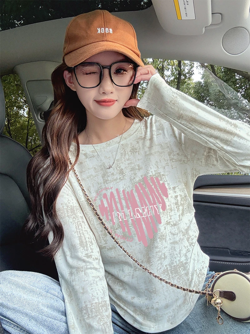 卡通扎染打底衫T恤女秋季2025爆款韩版网红时尚百搭大码长袖上衣