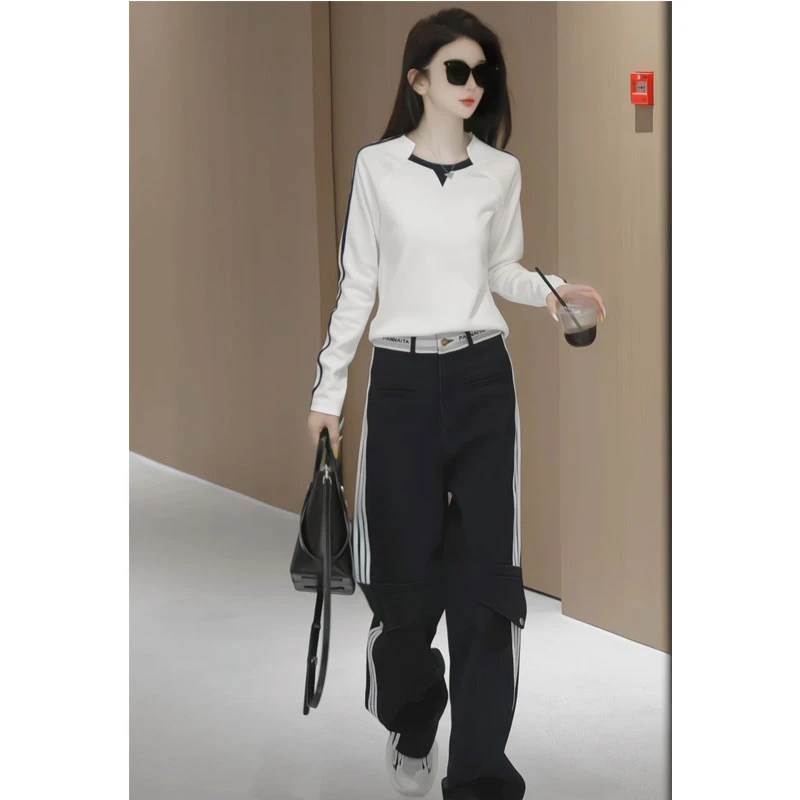 2025秋季时尚显瘦韩版撞色长袖t恤直筒休闲裤气质休闲减龄两件套