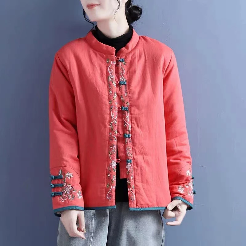 冬季款复古中国风棉麻绣花盘扣立领中式对襟棉服外套上衣女