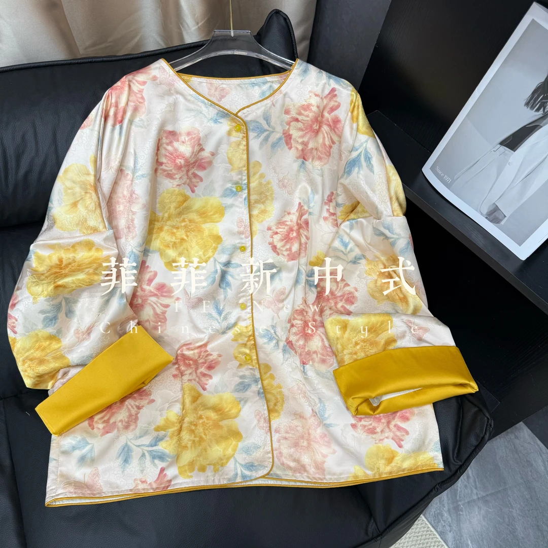 【流云醉蕊】新中国中国风气质大码缎面提花印花复古盘扣外套