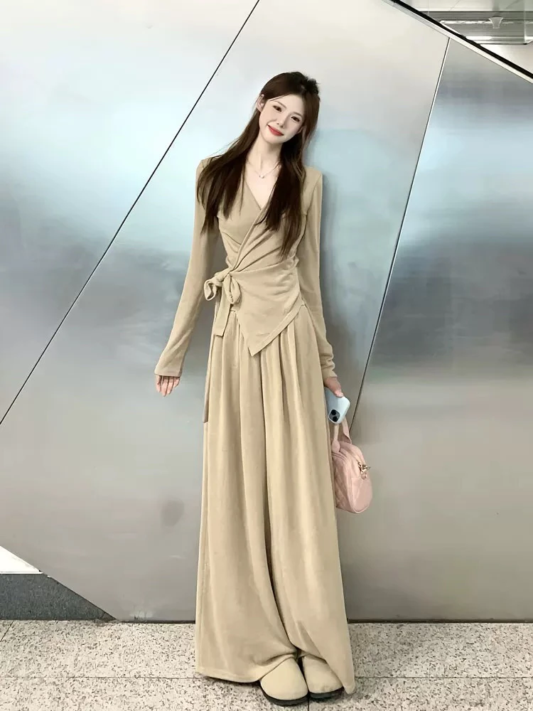 法式纯欲小众设计感不规则绑带v领长袖上衣女休闲阔腿裤两件套