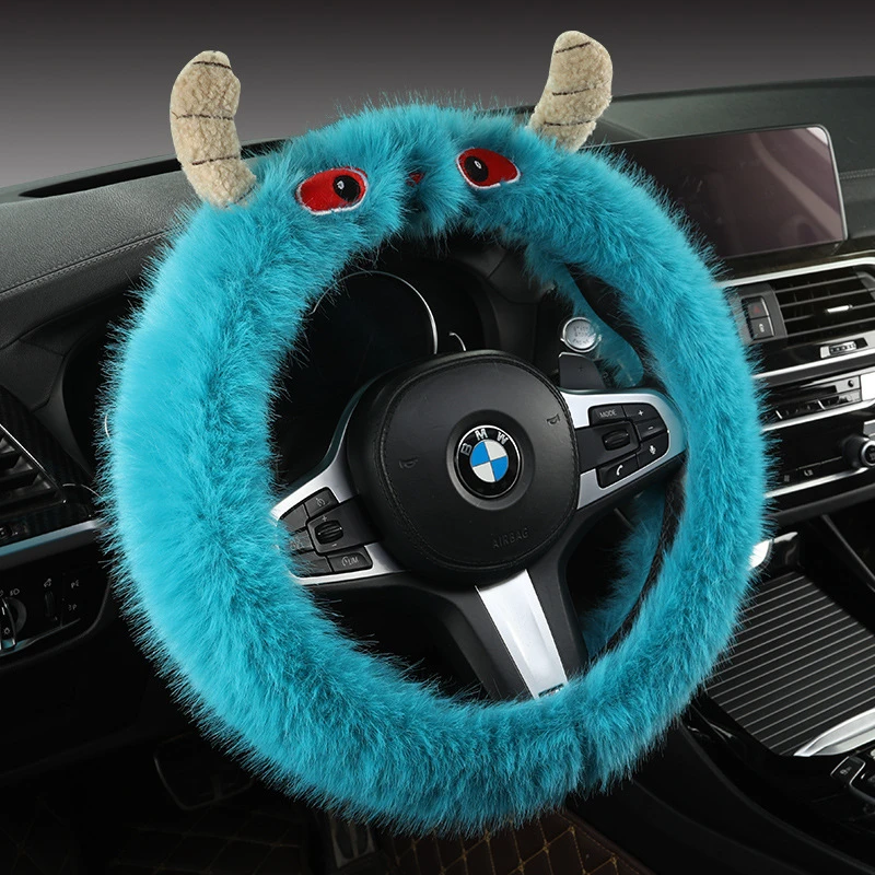 新款毛绒小怪兽恶魔冬季汽车方向盘套卡通可爱女防滑保暖加厚把套