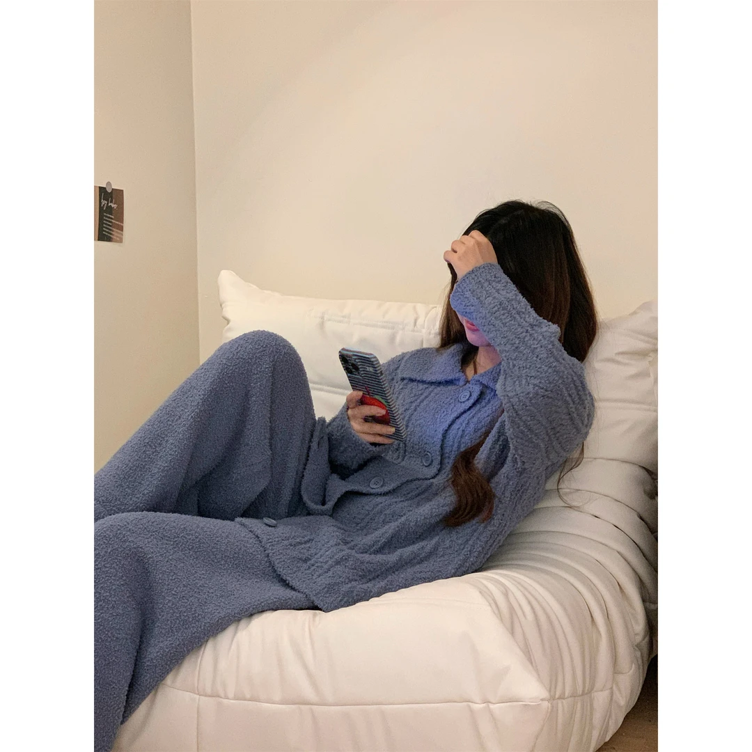 【简约纯色】优雅气质针织半边绒睡衣女秋冬套装新款加厚保暖家居服