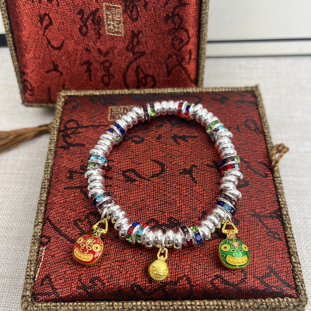 足银手镯 999.9【S205】 35g一家三口描金吞金兽盘缠银手串