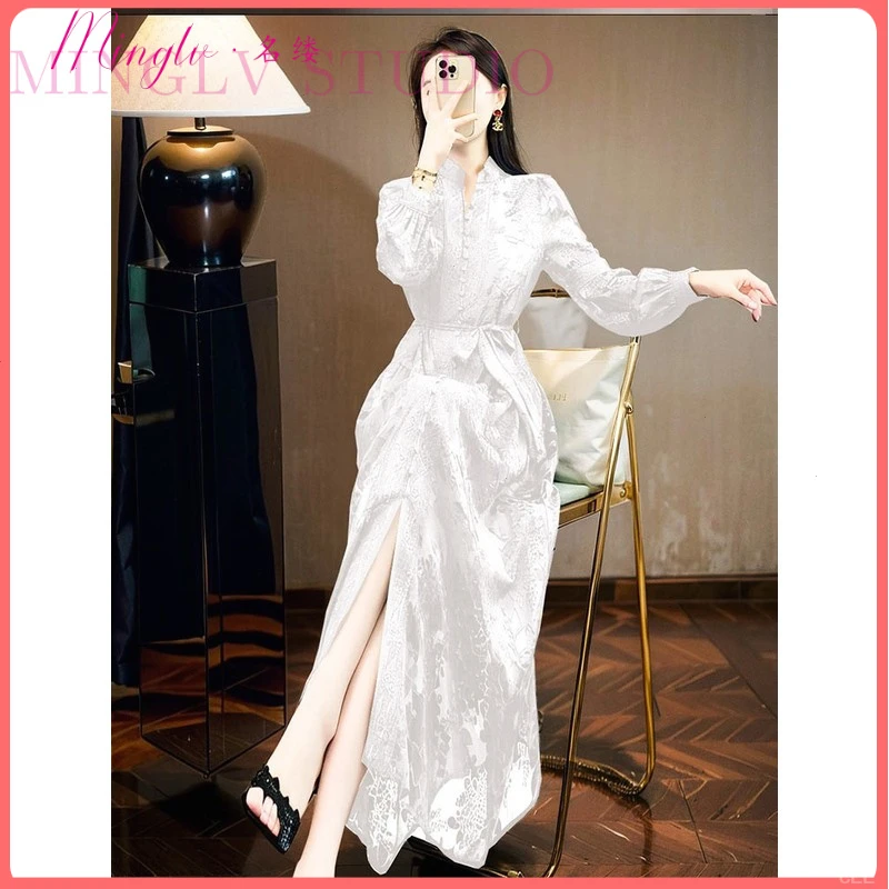新中式优雅2025年夏季新款白色裙子淡人气质高级感立领提花洋装