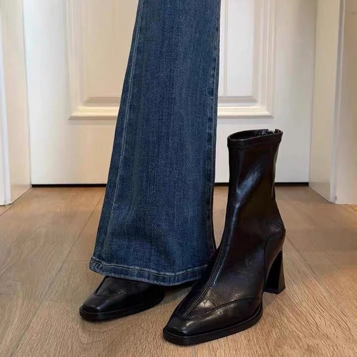 韩版高跟方头瘦瘦靴短靴女2025新款粗跟复古马丁靴英伦风短筒单靴