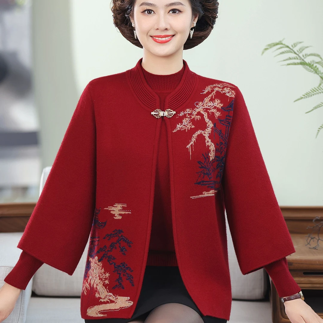 两件套妈妈装春秋新款上衣套装50岁60奶奶针织毛衣开衫中老年洋气