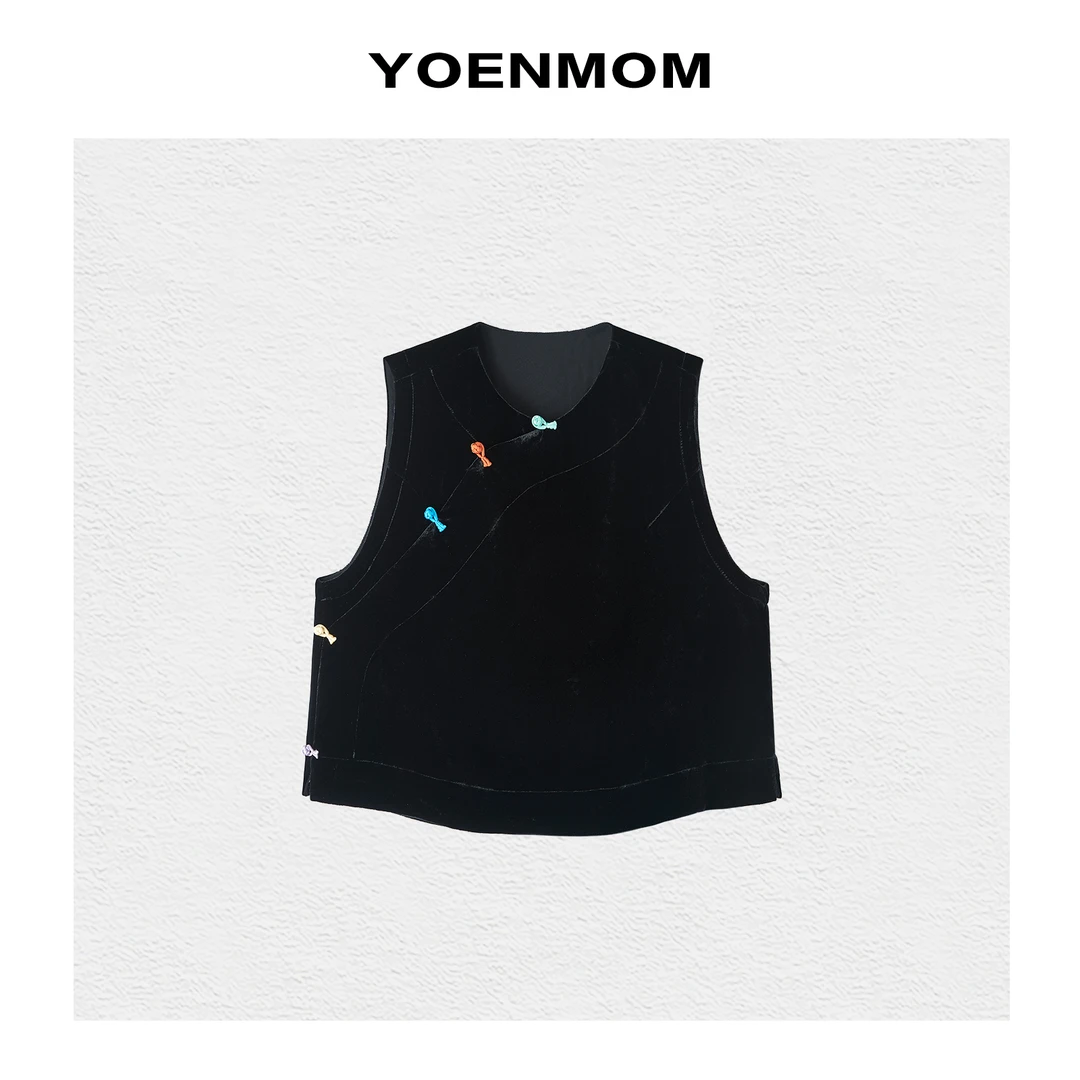 YOENMOM·糖果彩扣·丝绒撞色疙瘩盘扣国风斜襟圆领马甲