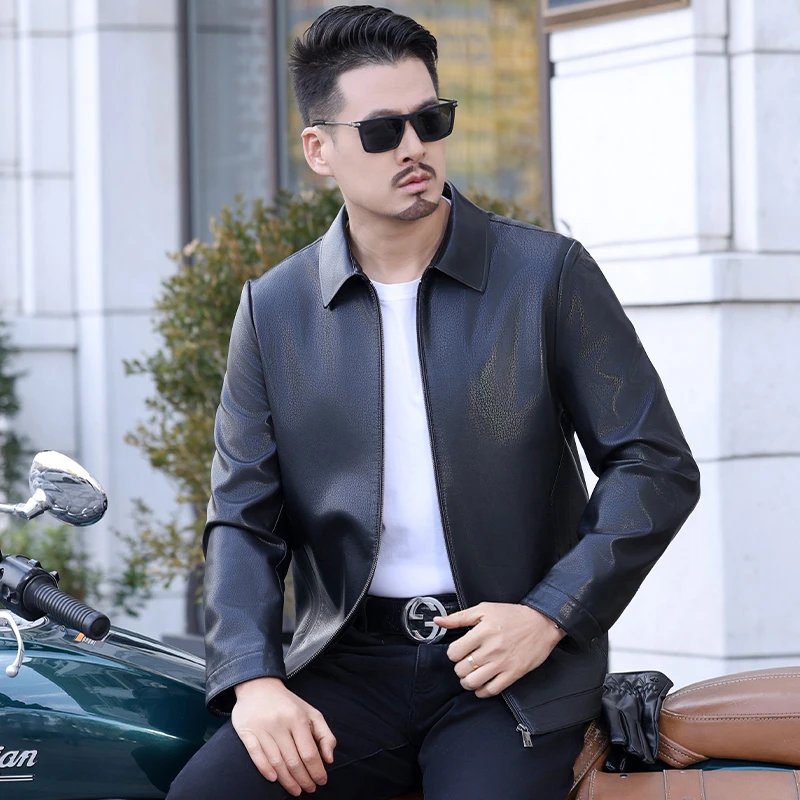 真皮加绒加厚高档翻领外套修身商务休闲稳重男士4 2335