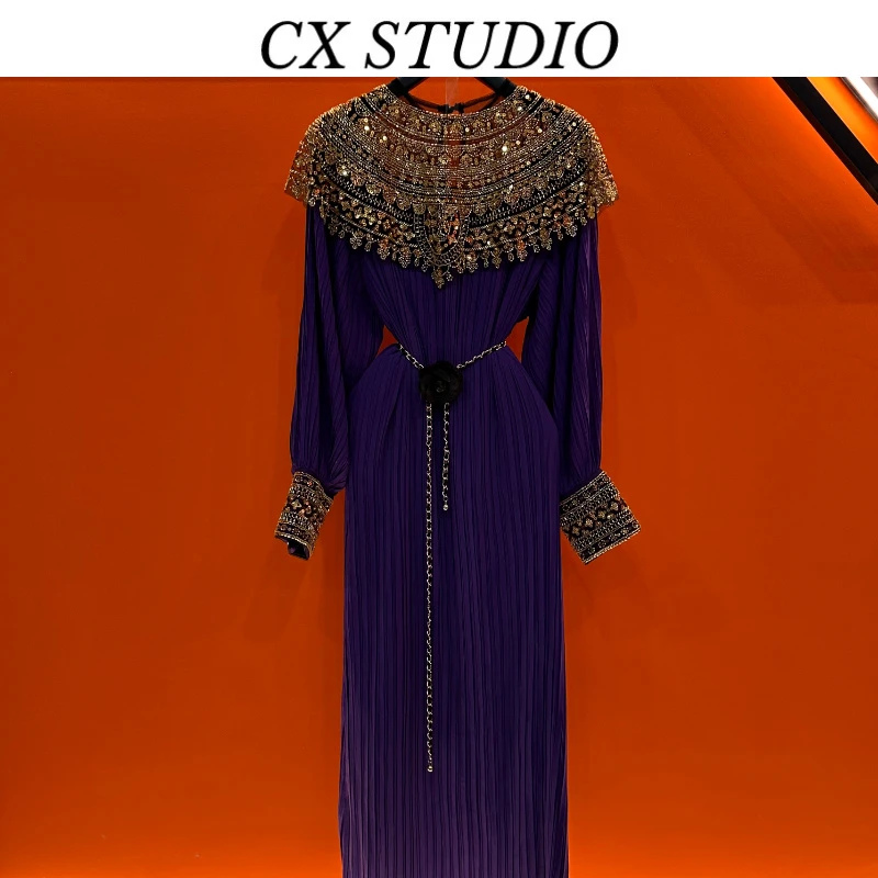 2025高级感重工钉珠气质御姐范灯笼袖压褶宽松长裙SA9423