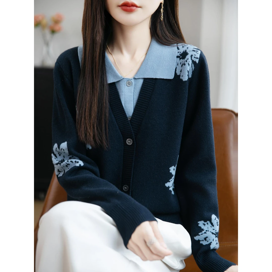 提花撞色假两件针织小衫女2025秋冬新款韩版翻领高级感开衫上衣