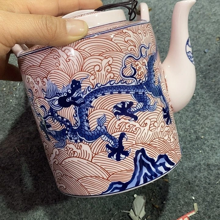 摆件陶红稀土釉里红龙提梁壶