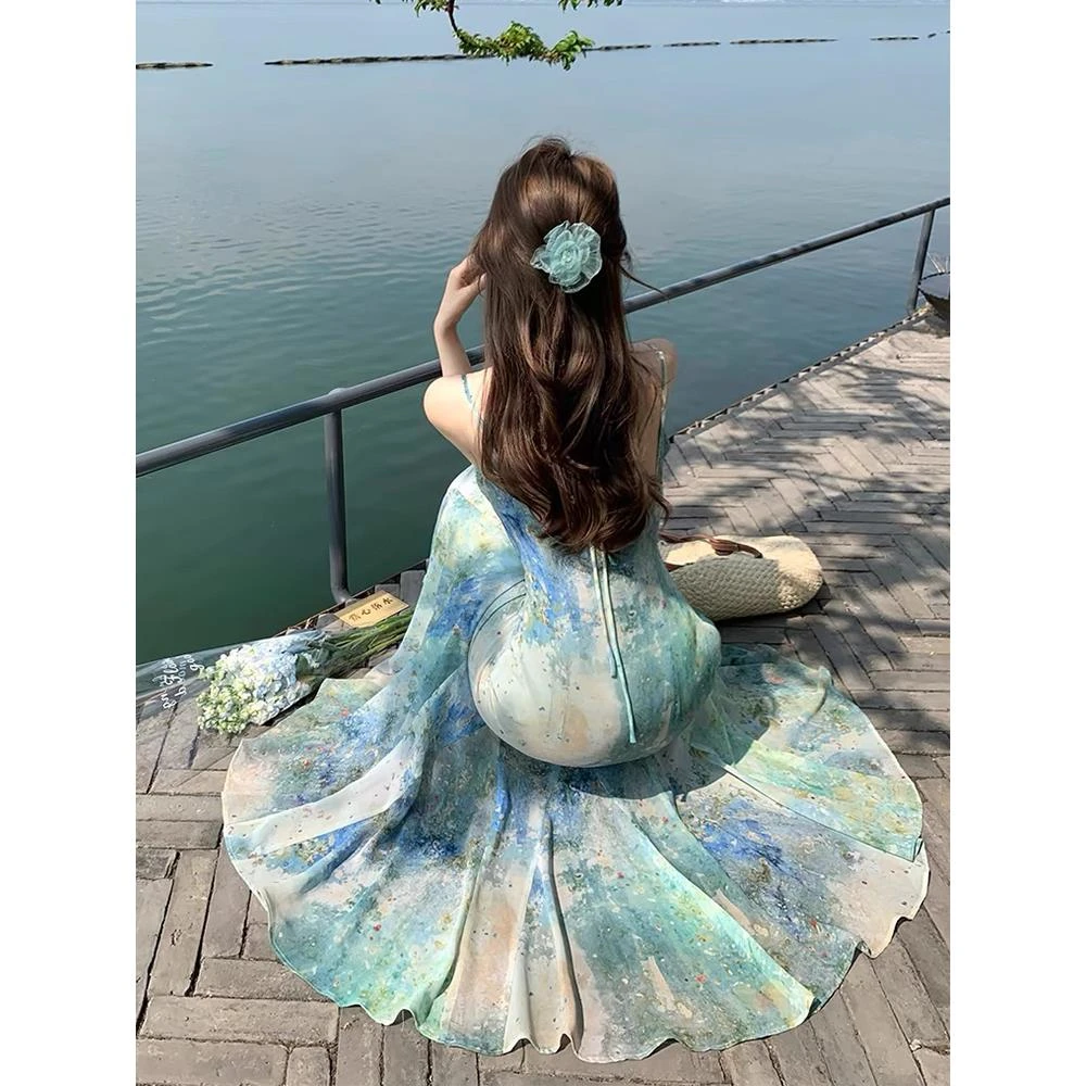 性感法式纯欲晕染鱼尾吊带连衣裙女夏季梨形身材海边度假包臀长裙