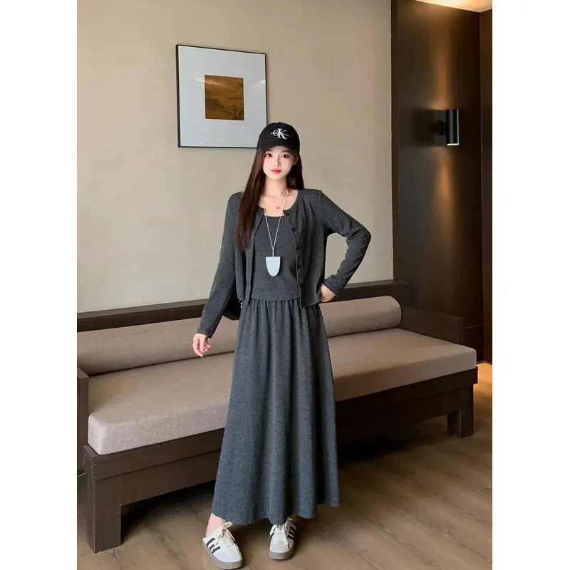 2025秋季新款套装裙老钱风松弛感女装贵气开衫长袖吊带半裙三件套