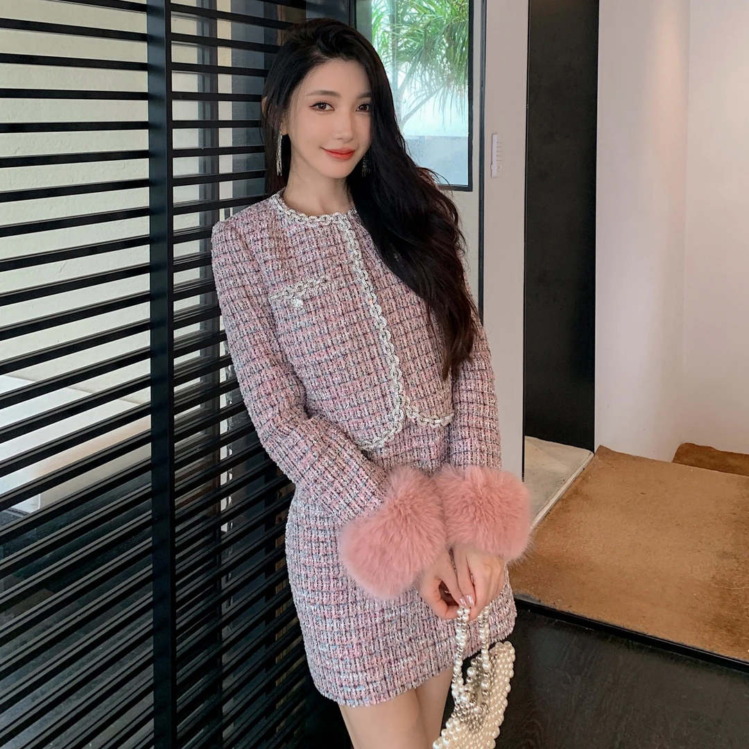 王诗龄明星同款新款小香风编织气质套装裙毛呢外套连衣裙两件套