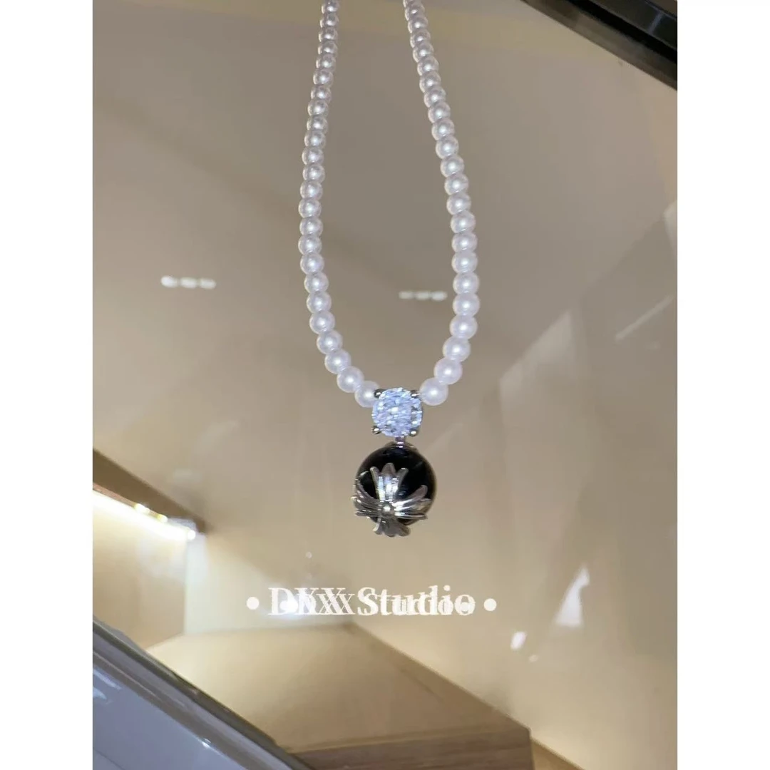 铜合金仿珍珠项链 小众设计黑色系贝珠项链47799