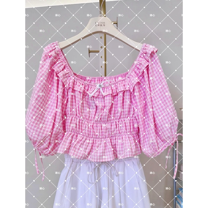 丨海的女儿丨夏季女装浪漫粉色格子荷叶边绑带方领衬衫 6063