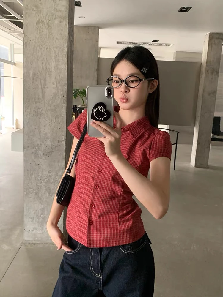 小众红色格子短袖衬衫女夏季正肩收腰复古辣妹小个子短款衬衣潮