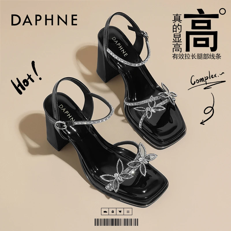 达芙妮一字带时装凉鞋女款2025夏季新款气质粗跟水钻仙女风高跟鞋