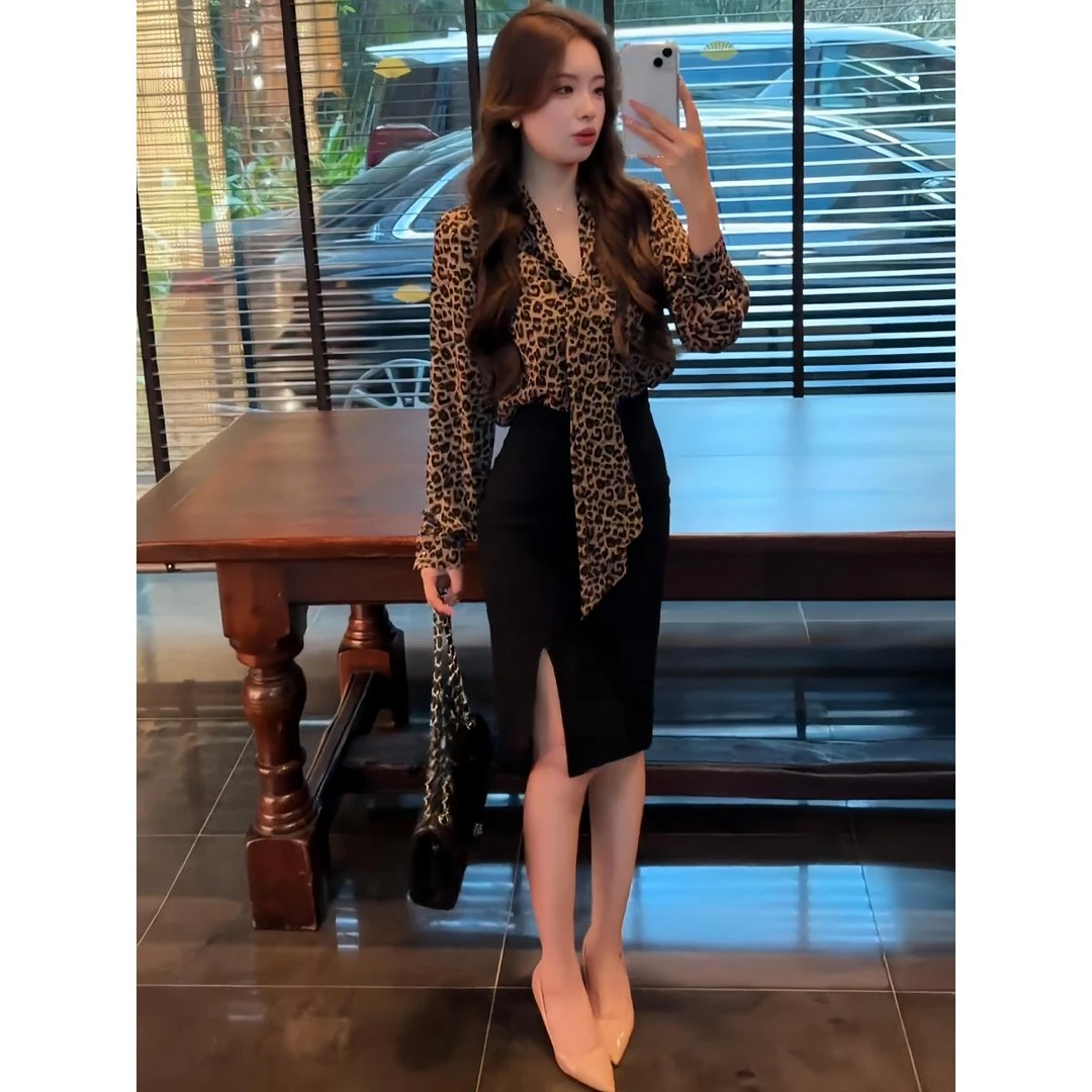 SZ【一梦江南】初春小套装御姐风纯欲气质豹纹衬衫半身裙轻熟两件套