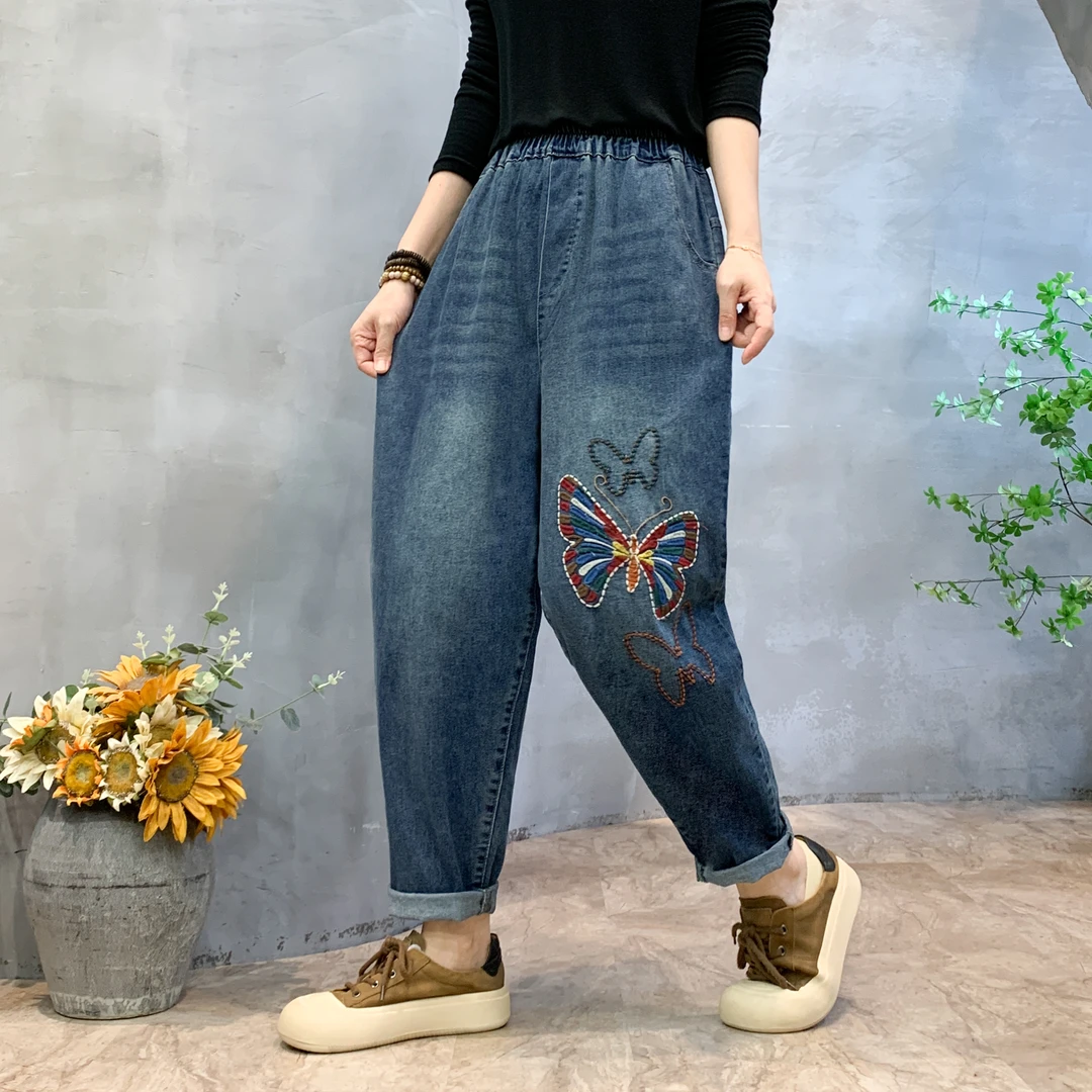 弹力牛仔裤女大码复古宽松文艺绣花松紧腰民族风显瘦休闲牛仔裤