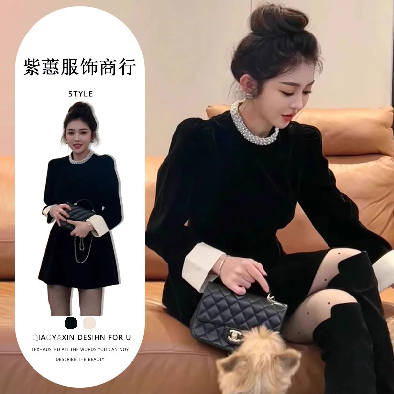 秋冬新款高级感小个子精致a字裙女法式复古撞色拼接显瘦连衣裙潮
