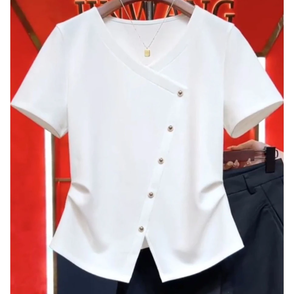 2025夏季新款时尚休闲潮流气质V领显瘦短袖t恤设计感小众上衣女潮