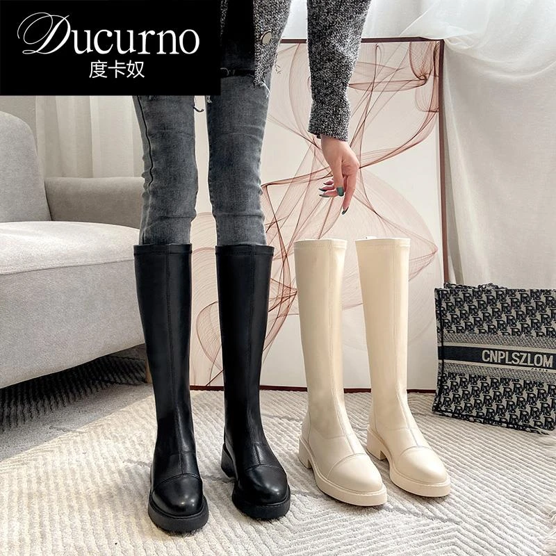 DUCURNO 2025款白色皮靴皮革弹性不超过膝盖高修身外观中小腿女靴