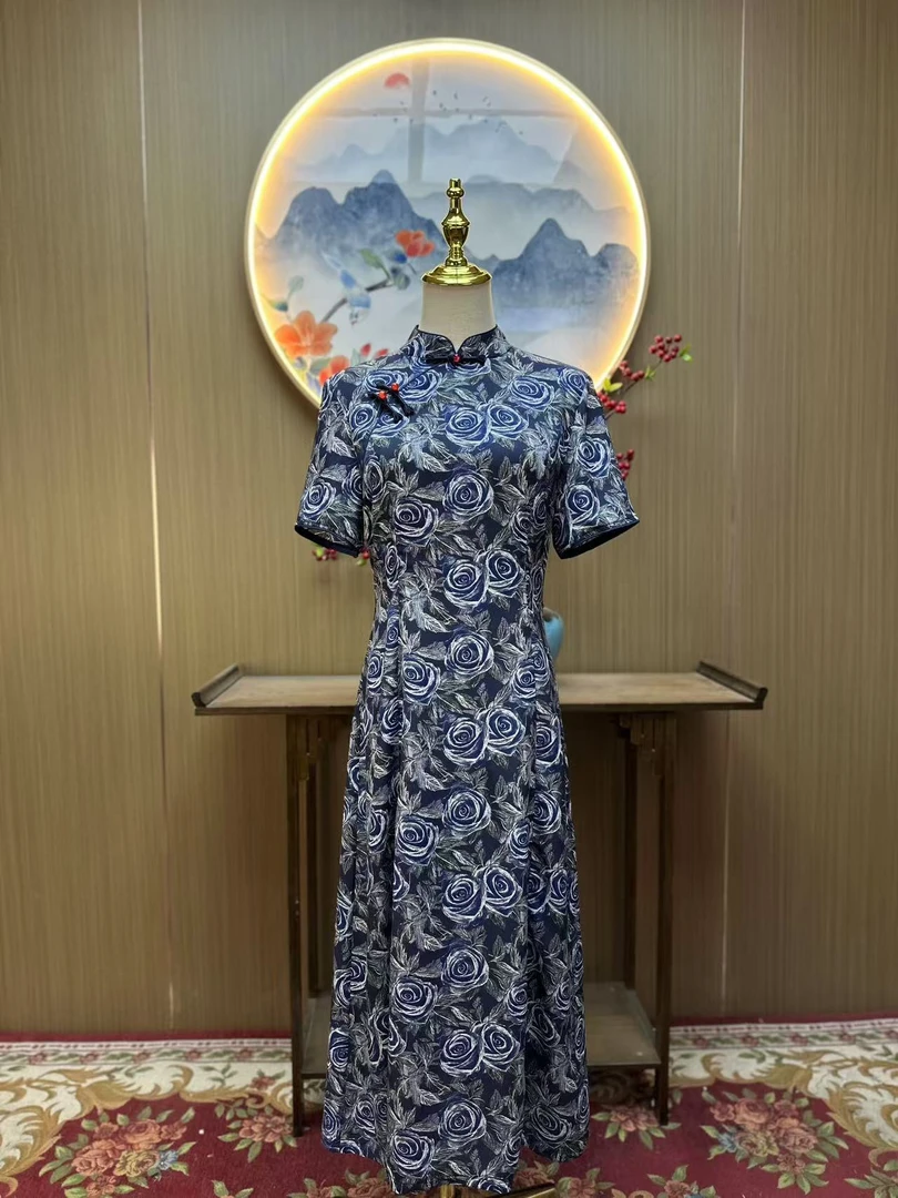 蓝色妖姬 日常奥黛气质文艺国风复古优雅长款旗袍