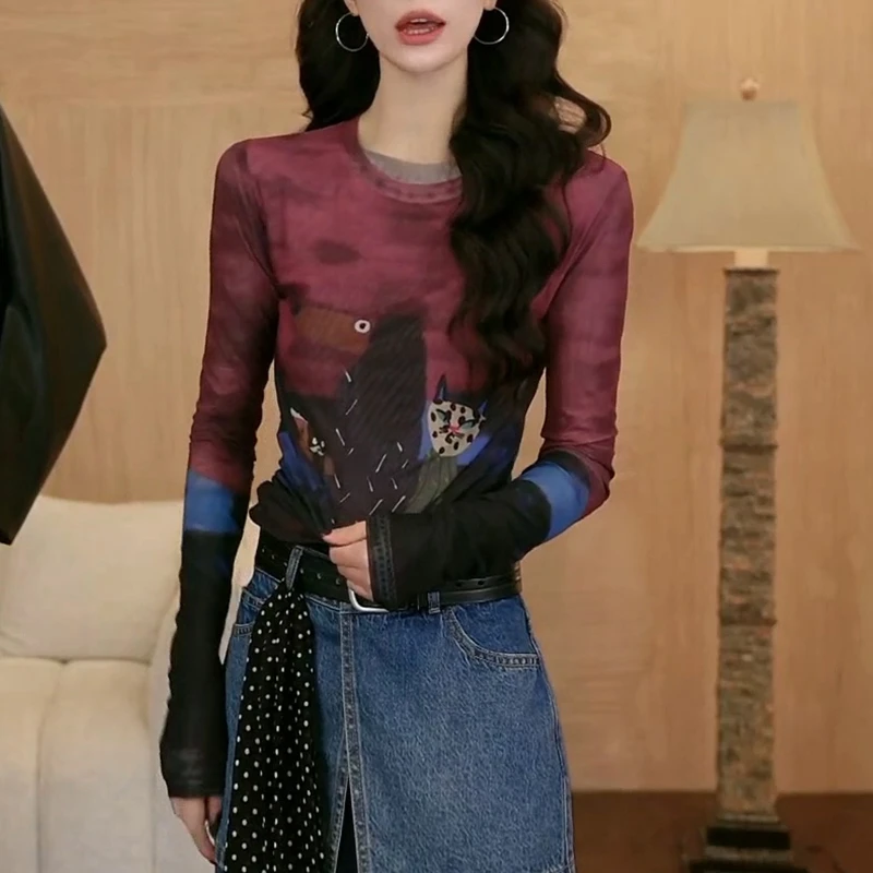 美式复古扎染长袖t恤女2025春秋新款防晒罩衫修身显瘦打底衫上衣