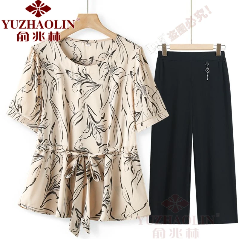 妈妈装夏装减龄洋气新款时尚雪纺短袖上衣婆婆中老年女装T恤显瘦