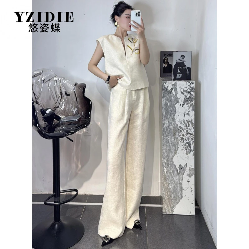 YZIDIE高定时尚套装夏季老钱风重工钉珠马甲阔腿裤气质秋季