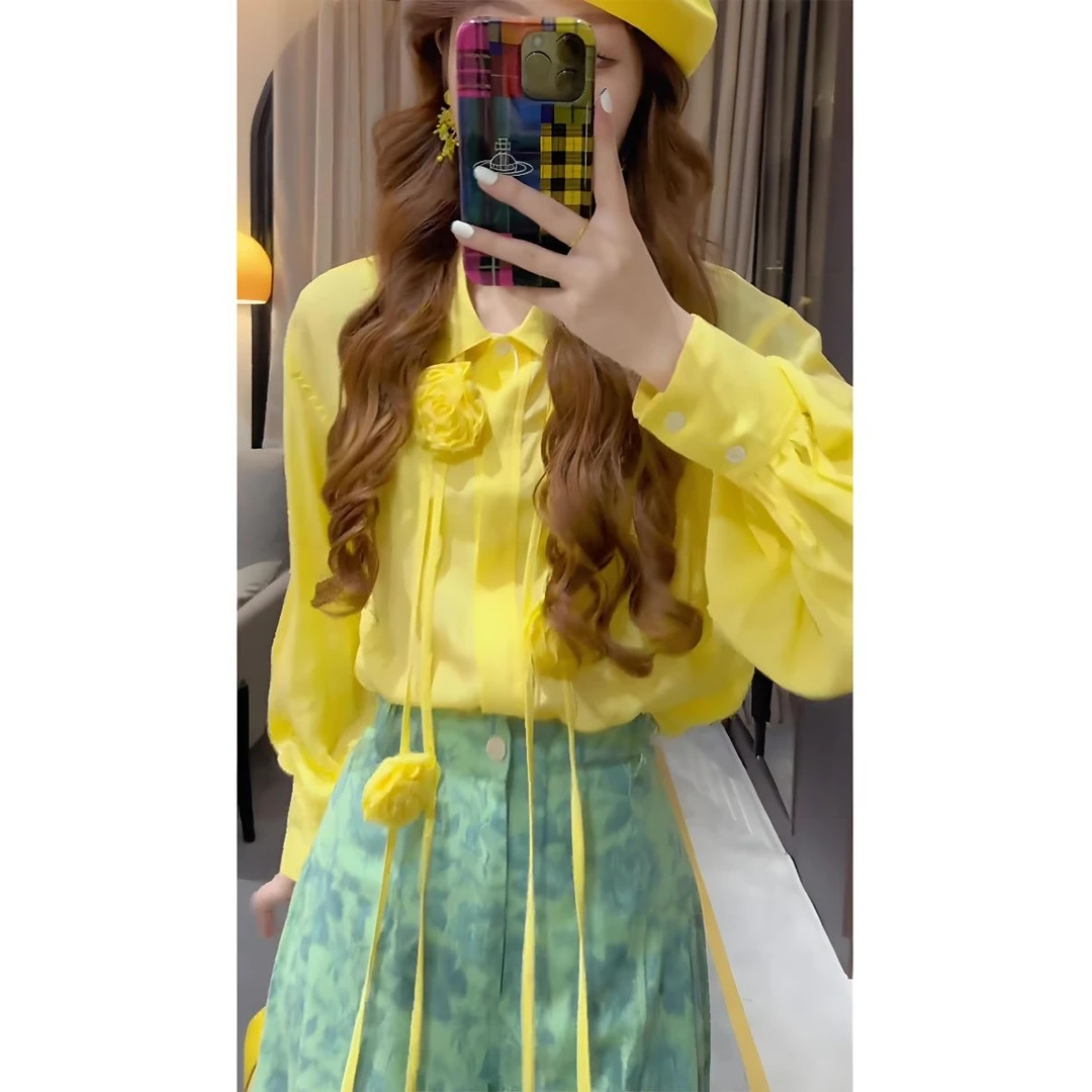 春装搭配一整套2025新款轻熟立体花朵宽松衬衫印花阔腿裤两件套装