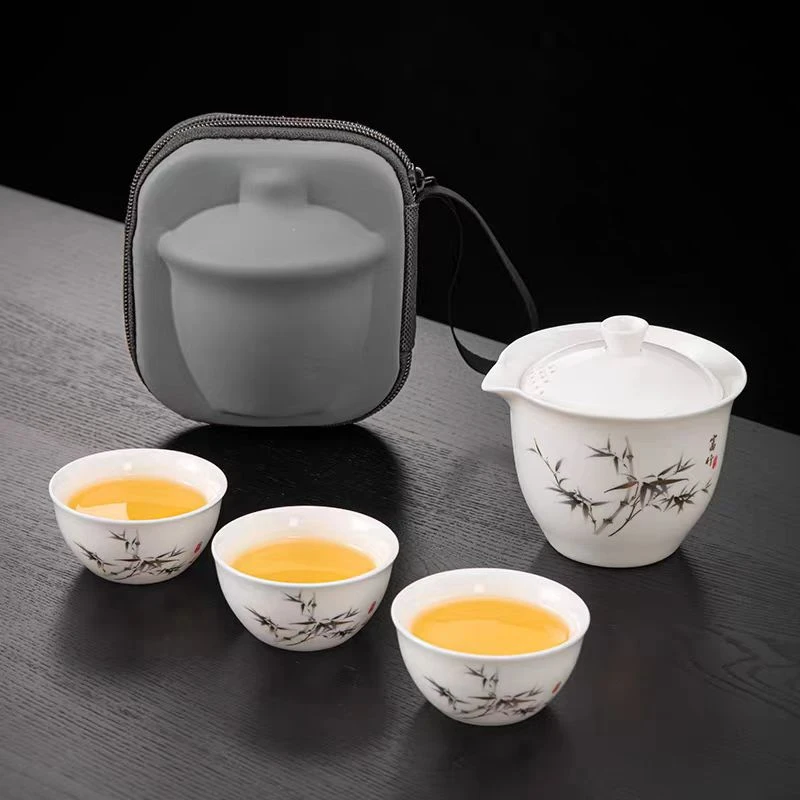 羊脂玉白瓷富贵竹旅行套一壶三杯2133家用简约陶瓷汝窑便携式