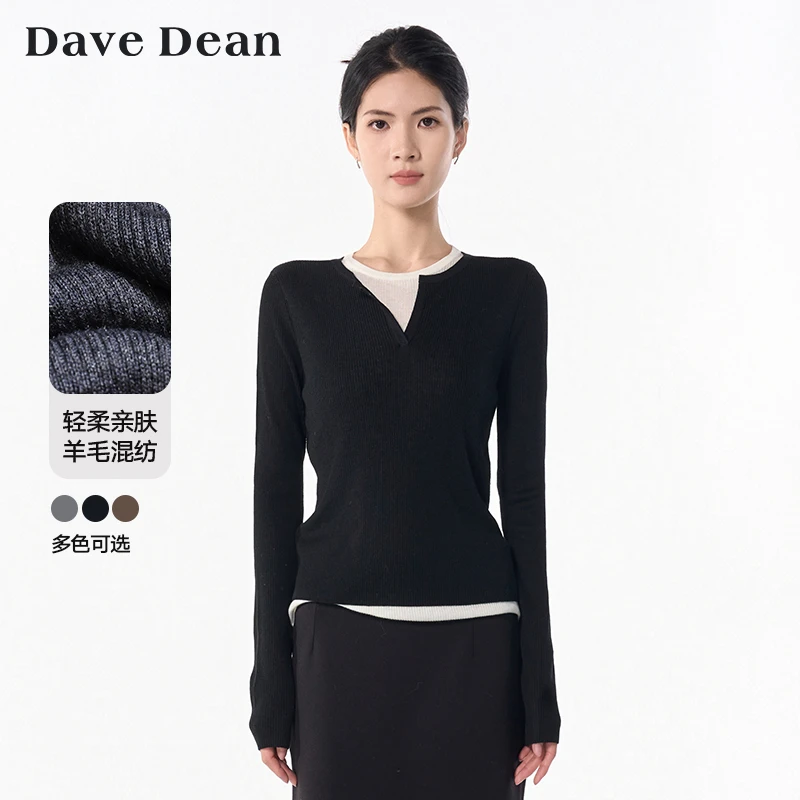 DaveDean修身显瘦圆领假两件羊毛针织打底衫女2024秋冬新款 11907