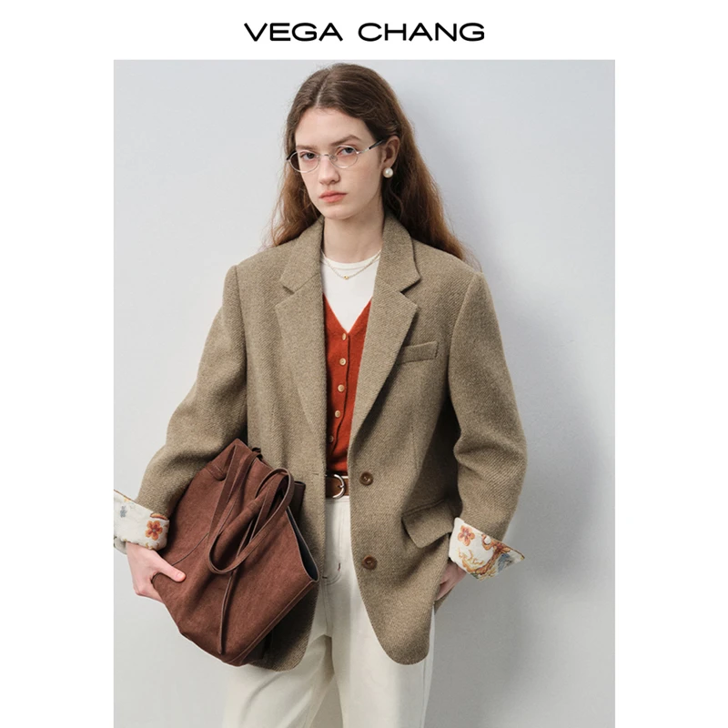 VEGACHANG【驼棕格调】西装外套女2025新款秋冬复古毛呢外套0343XT